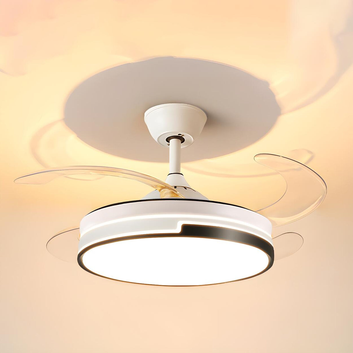 White Round Retractable Ceiling Fan with LED Light Image - 11