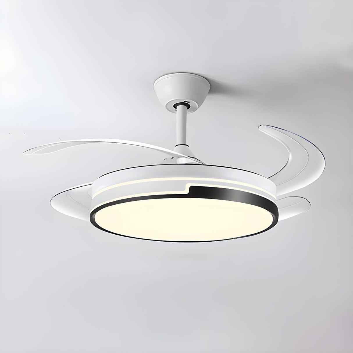 White Round Retractable Ceiling Fan with LED Light Image - 3