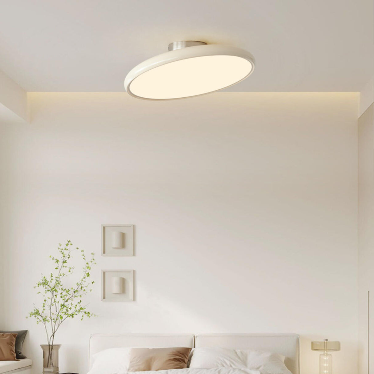 White Round Semi-Flush Mount Ceiling Light Bedroom Image - 2