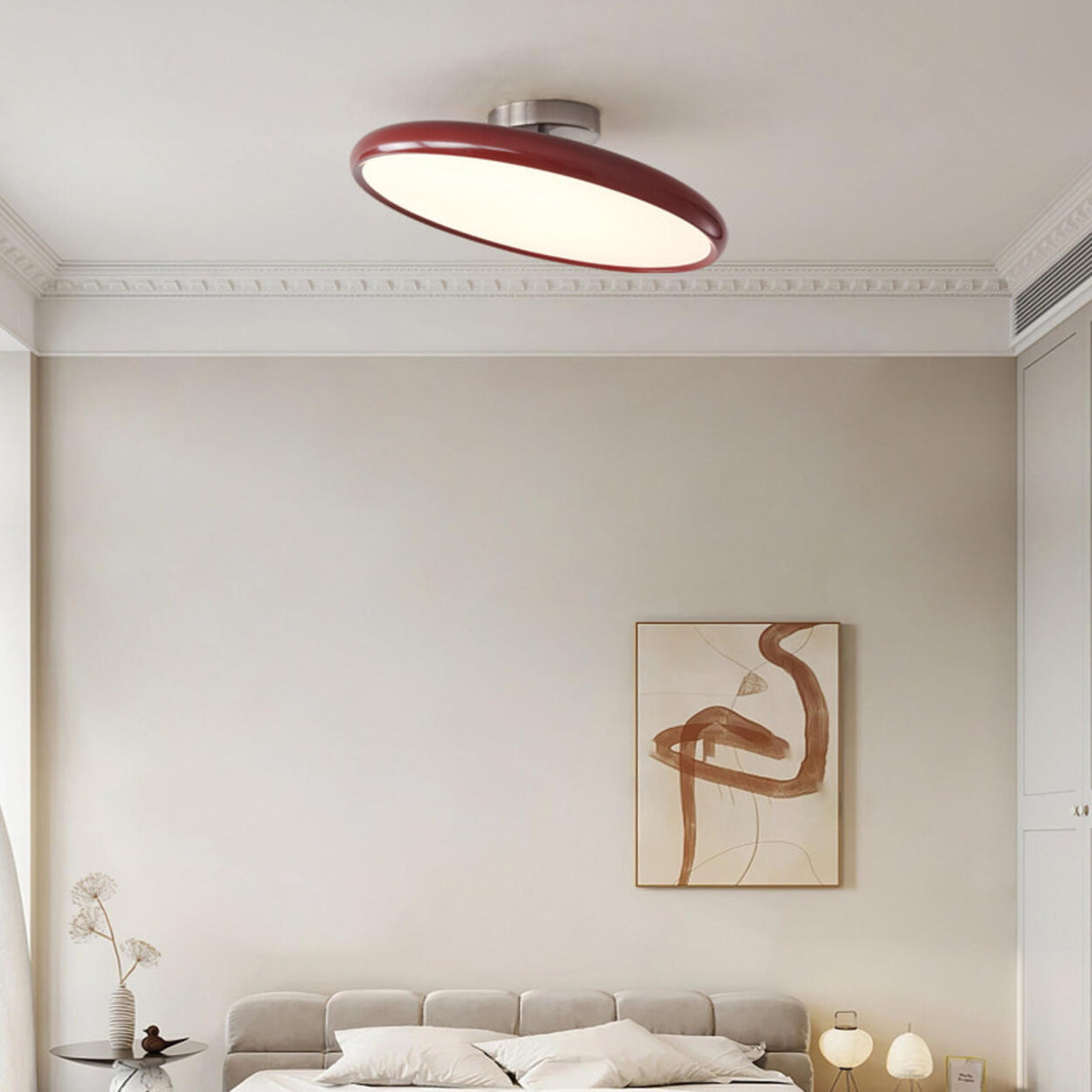 White Round Semi-Flush Mount Ceiling Light Bedroom Image - 3