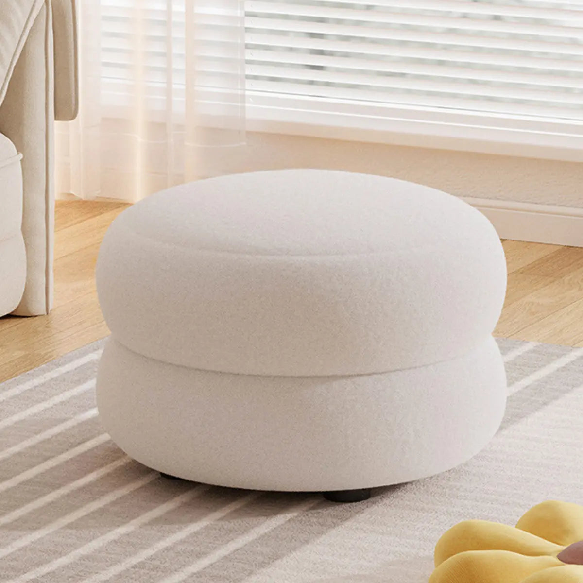 White Round Sherpa Stool Sponge Mini Storage Ottoman Image - 3