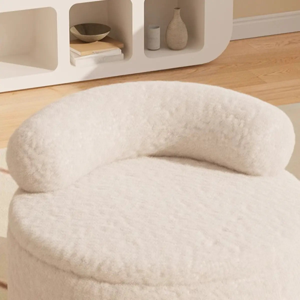 White Round Sherpa Stool Sponge Mini Storage Ottoman Image - 7