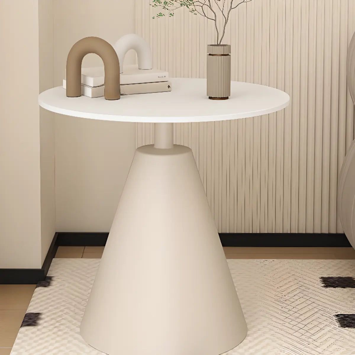 White Round Sintered Stone and Steel Pedestal Side Table Image - 1