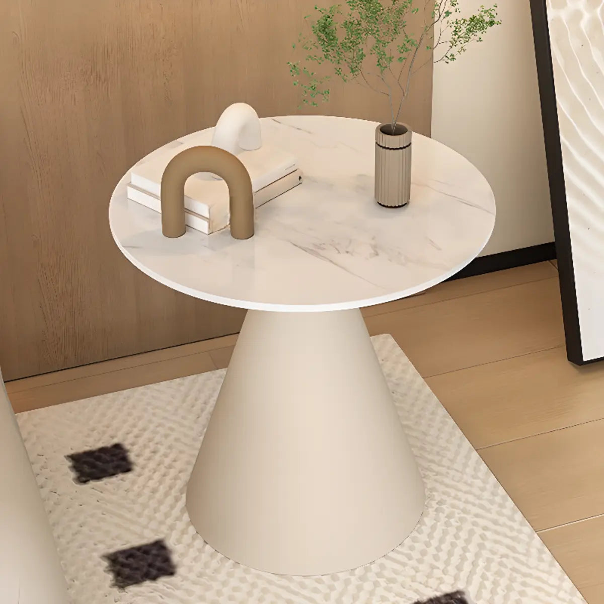 White Round Sintered Stone and Steel Pedestal Side Table Image - 12