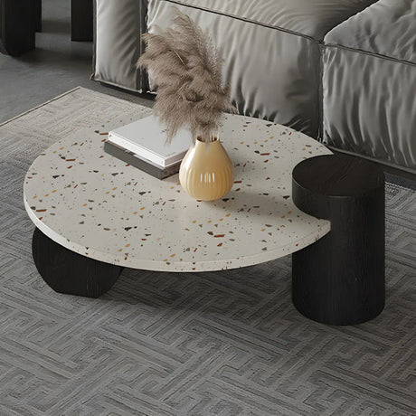 White Round Terrazzo Top Black Wood Base Coffee Table Image - 1