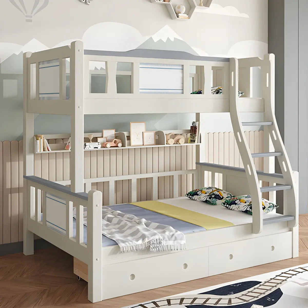 White Rubberwood Bunk Bed with Guardrail and Mattress Image - 3