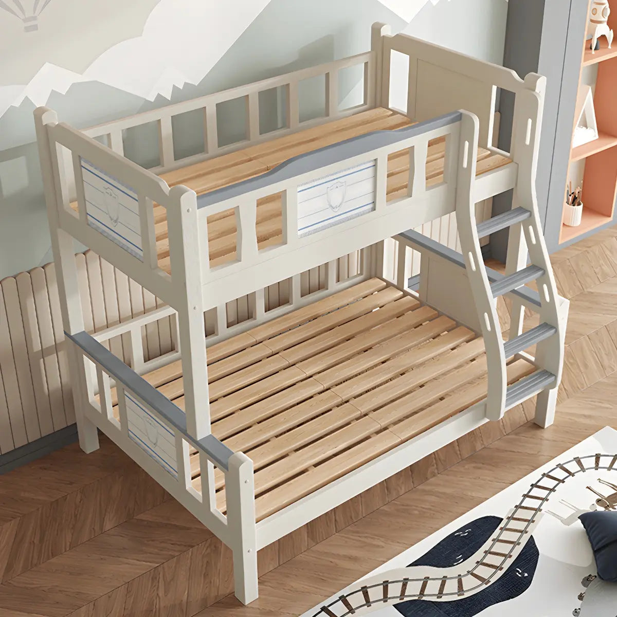 White Rubberwood Bunk Bed with Guardrail and Mattress Image - 4