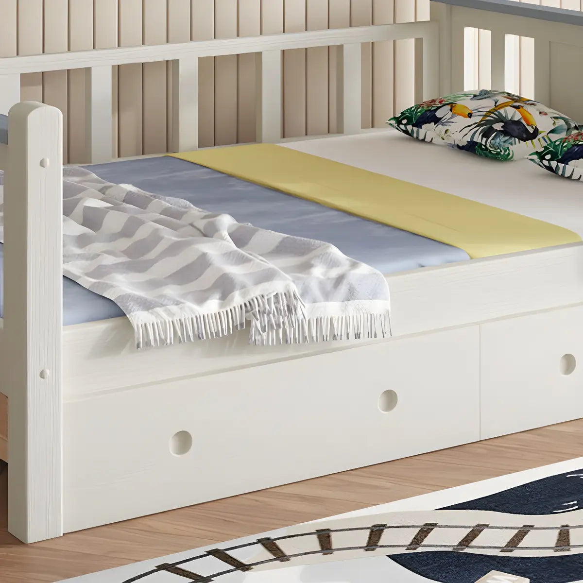 White Rubberwood Bunk Bed with Guardrail and Mattress Image - 8