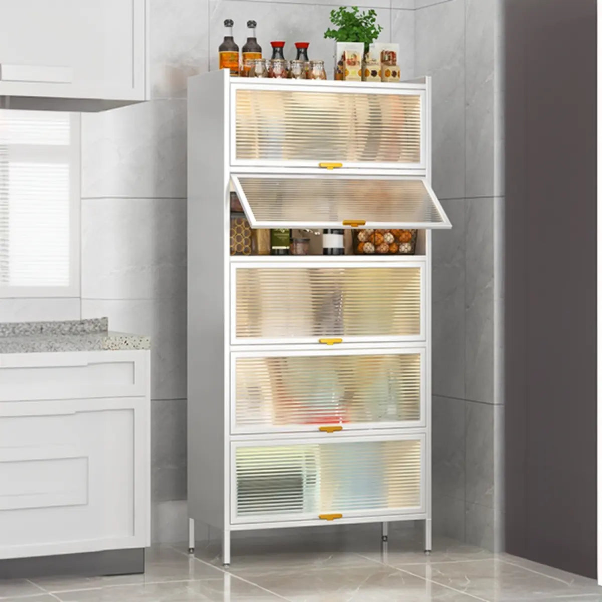 White Rust Resistant Steel Baker's Rack with Cabinet Image - 20