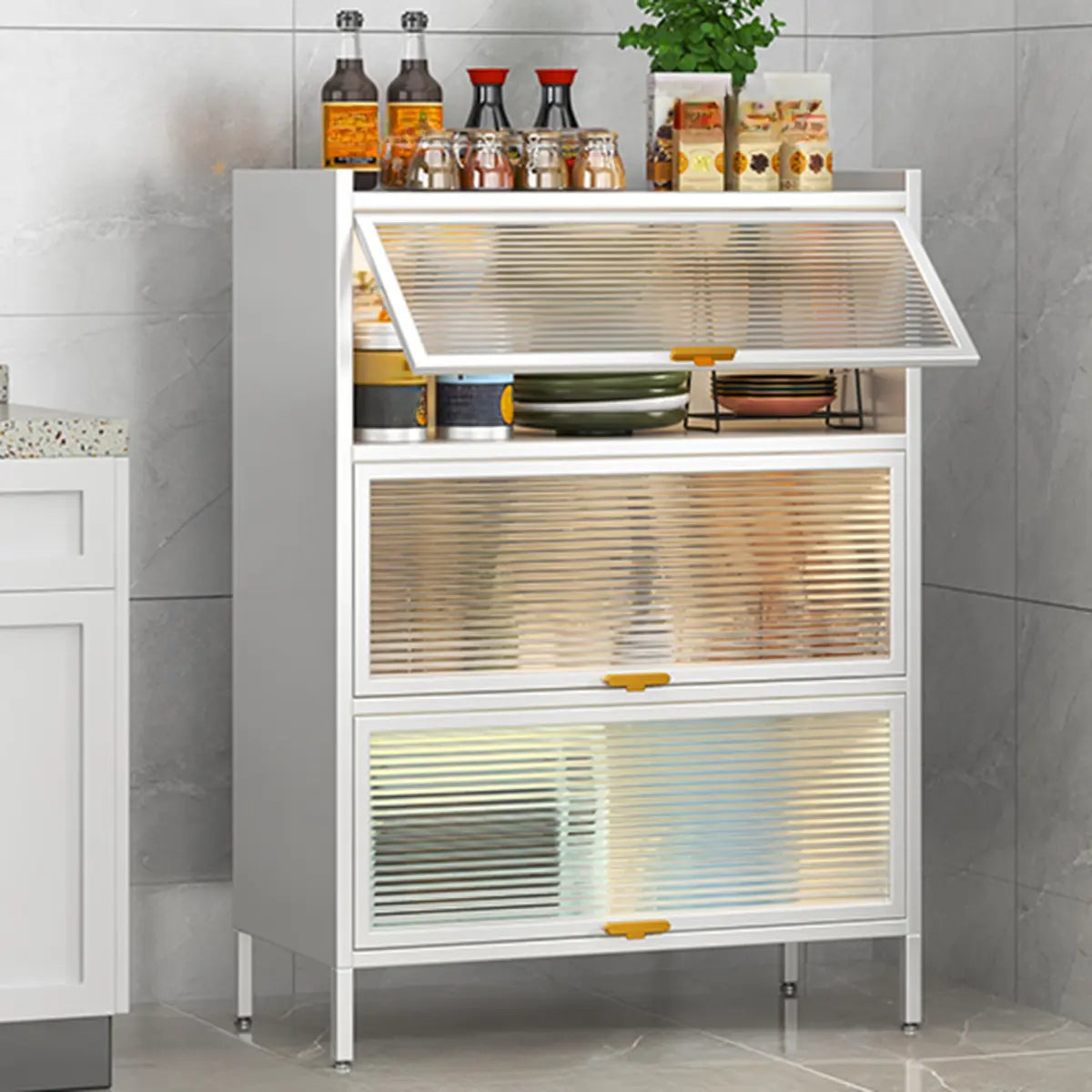 White Rust Resistant Steel Baker's Rack with Cabinet Image - 9