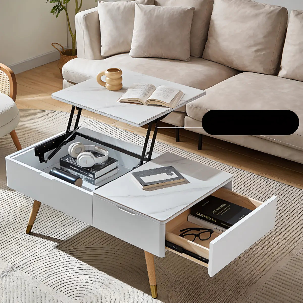 White Scratch Resistant Stone Lift Top Coffee Table Image - 4