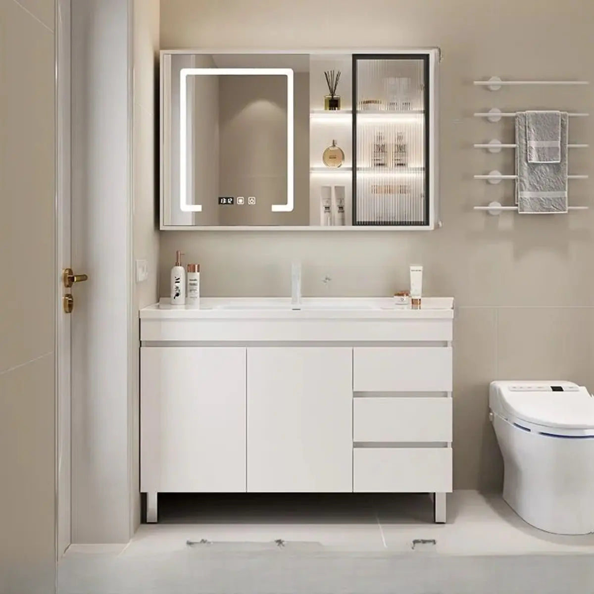 White Single Sink MDF Bathroom Vanity Set with Shelves Image - 15