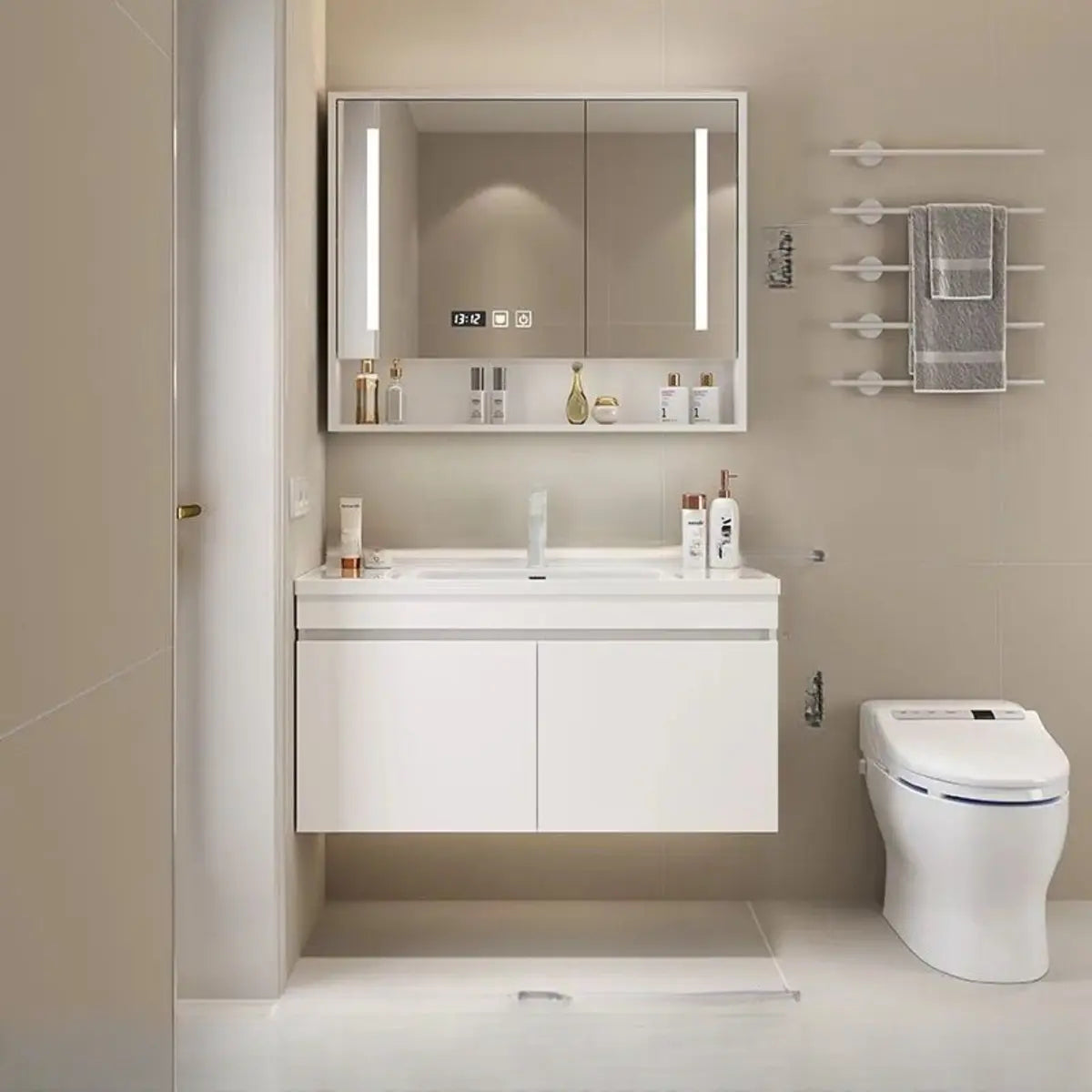 White Single Sink MDF Bathroom Vanity Set with Shelves Image - 21