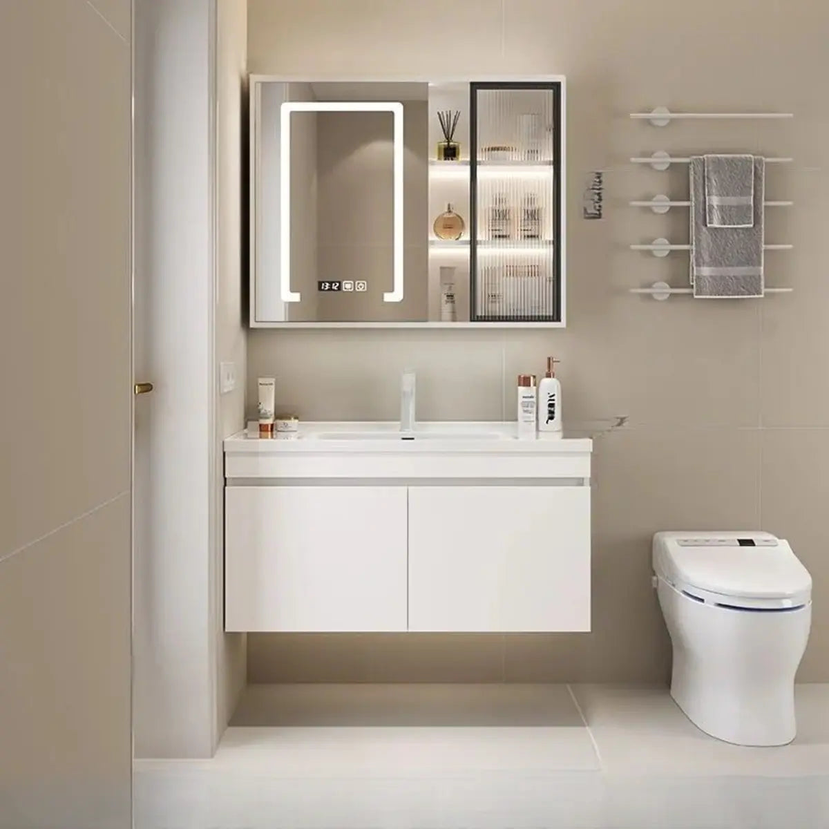 White Single Sink MDF Bathroom Vanity Set with Shelves Image - 24