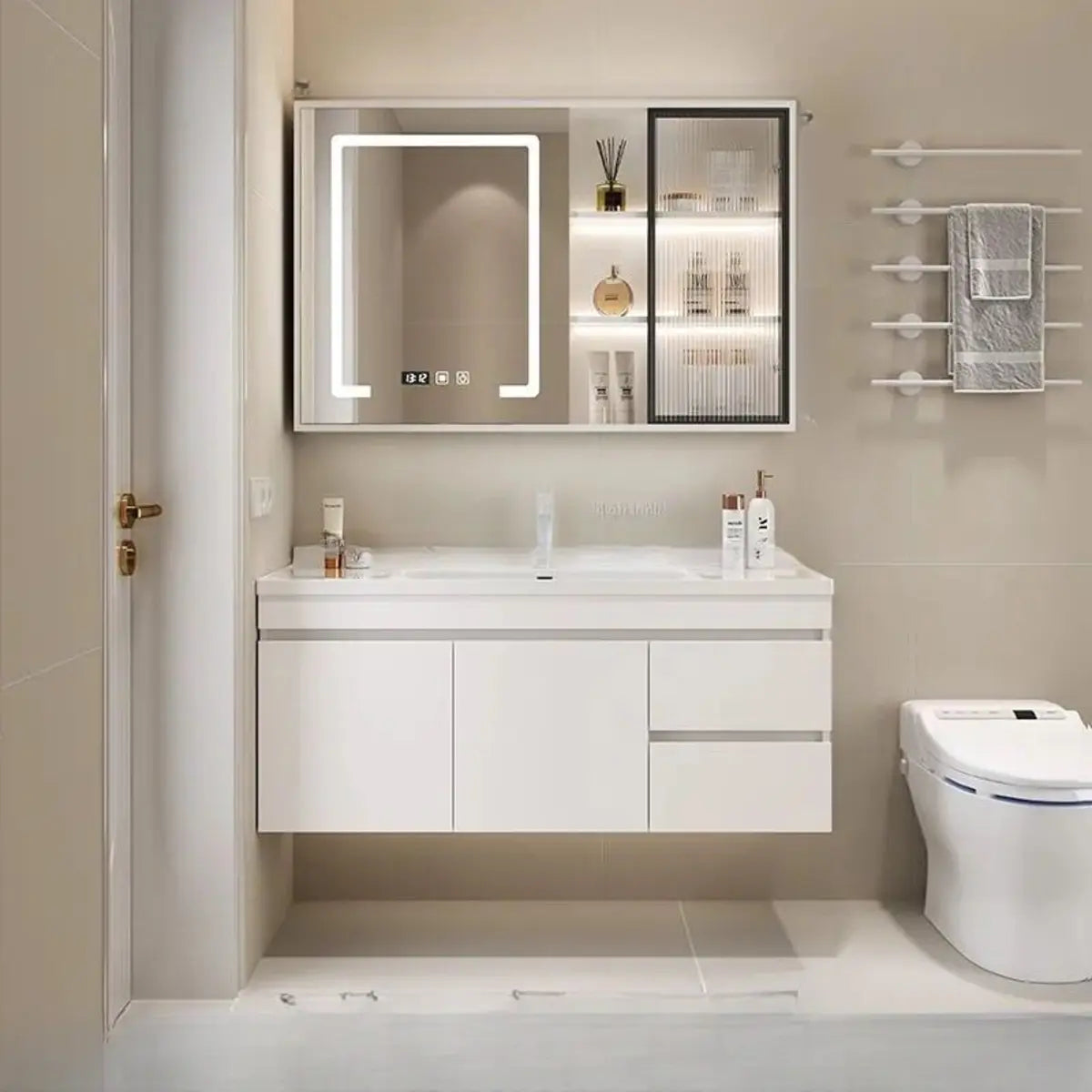 White Single Sink MDF Bathroom Vanity Set with Shelves Image - 25