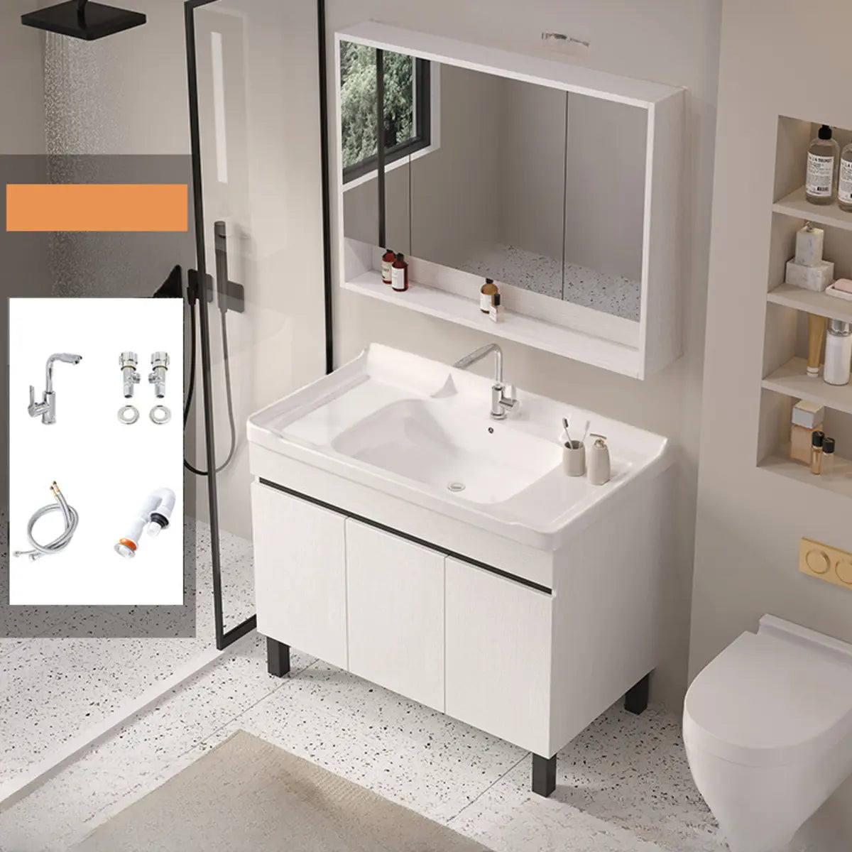 White Sink Wood Free-standing Storage Bathroom Vanity Image - 2