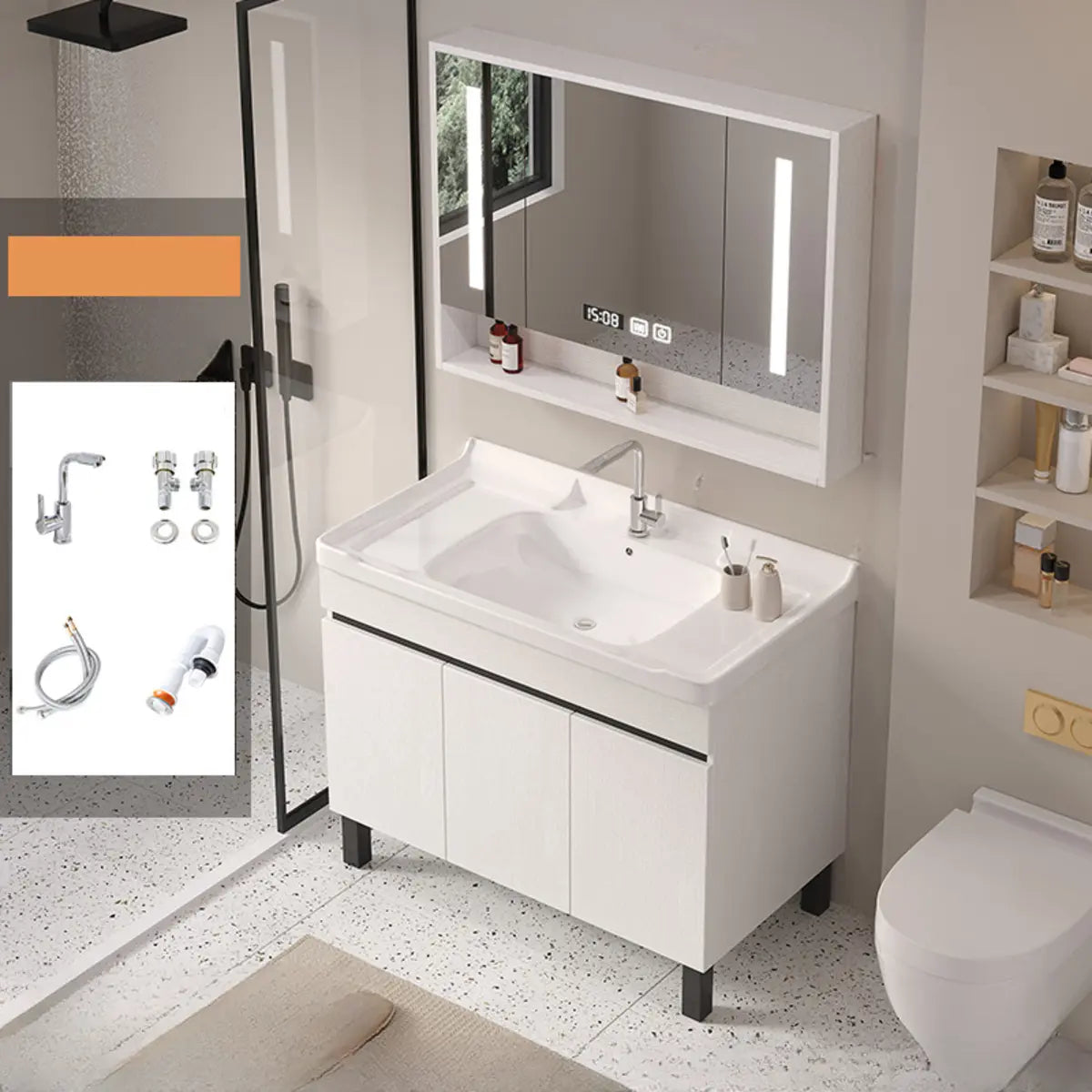 White Sink Wood Free-standing Storage Bathroom Vanity Image - 3