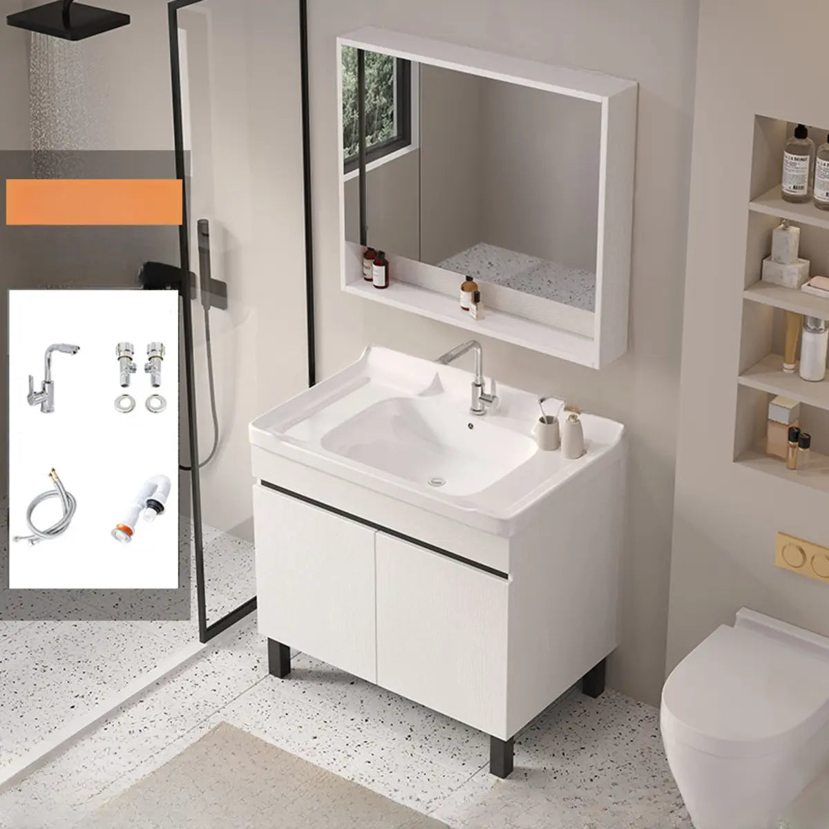 White Sink Wood Free-standing Storage Bathroom Vanity Image - 4