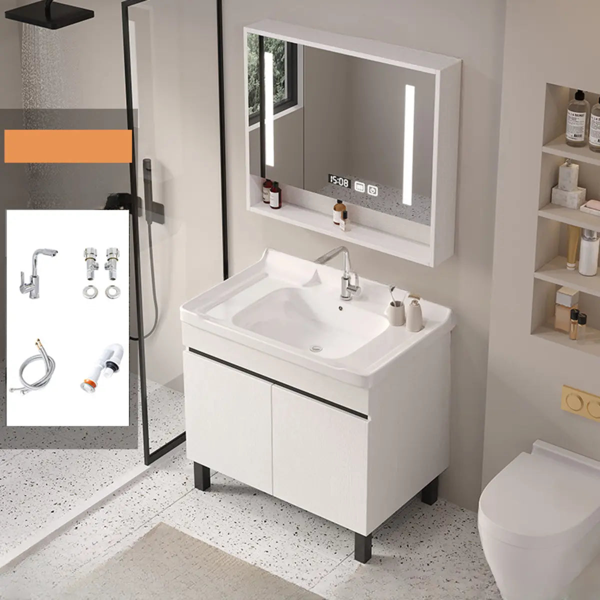 White Sink Wood Free-standing Storage Bathroom Vanity Image - 5