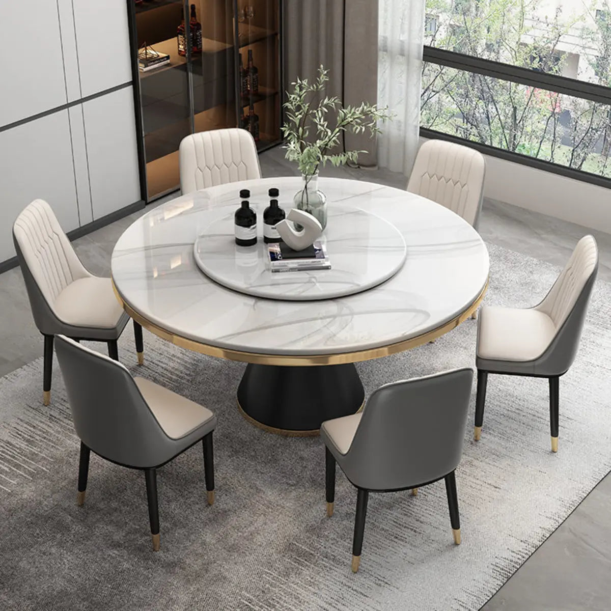 White Sintered Stone Round Dining Table Set for Six Image - 1