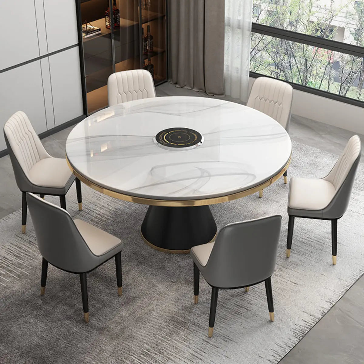 White Sintered Stone Round Dining Table Set for Six Image - 2