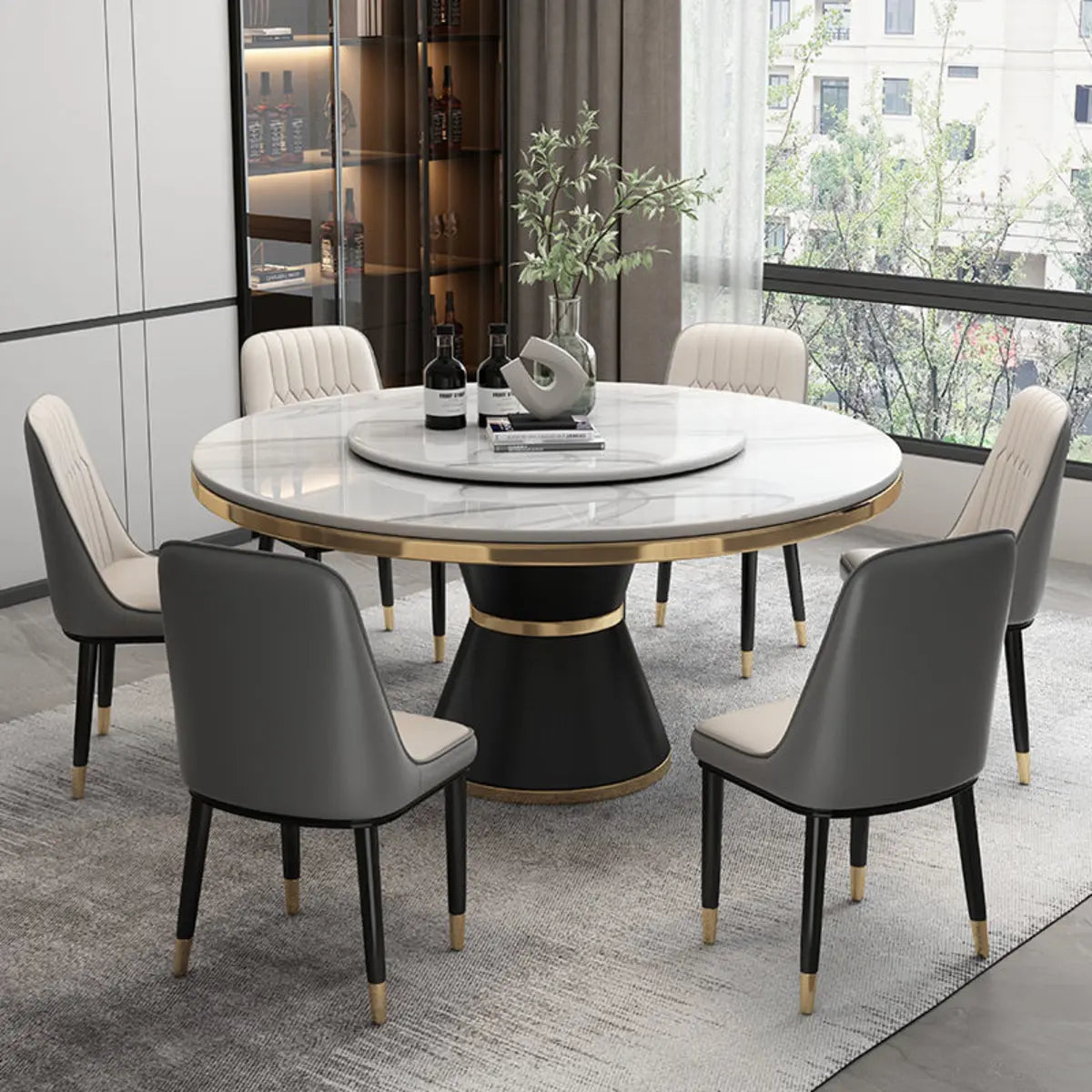 White Sintered Stone Round Dining Table Set for Six Image - 3