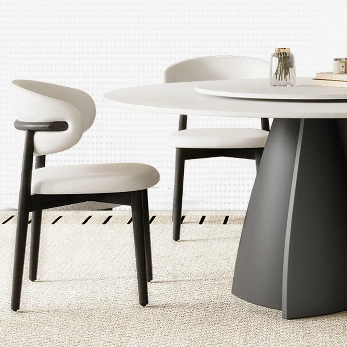 White Slate Round Dining Set with Faux Leather Seating Image - 4