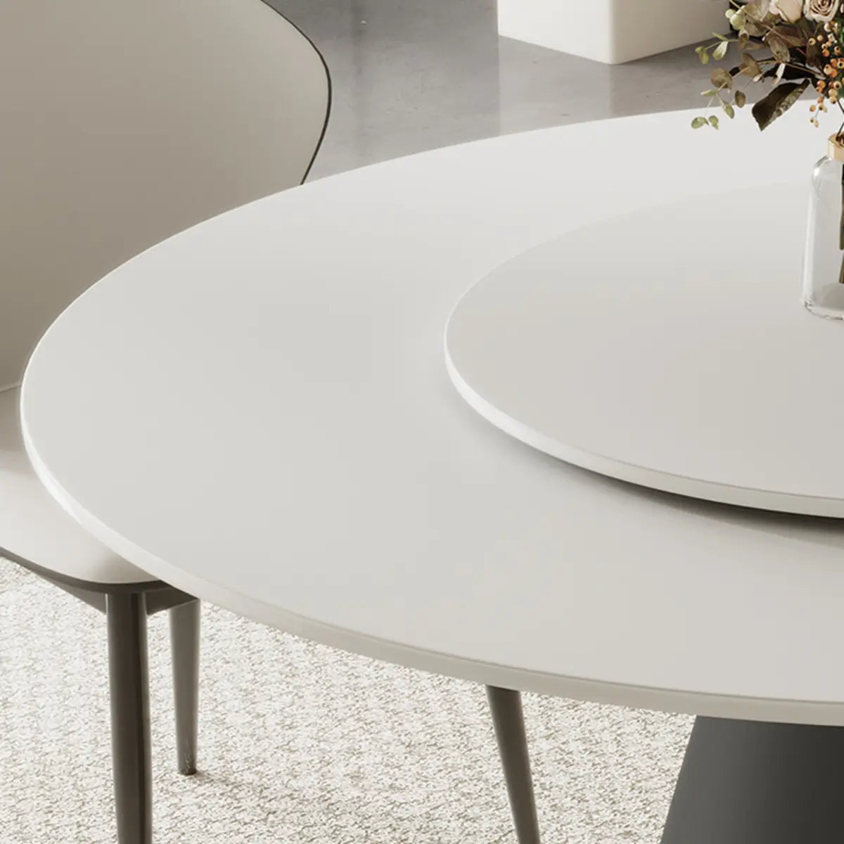 White Slate Round Dining Set with Faux Leather Seating Image - 5