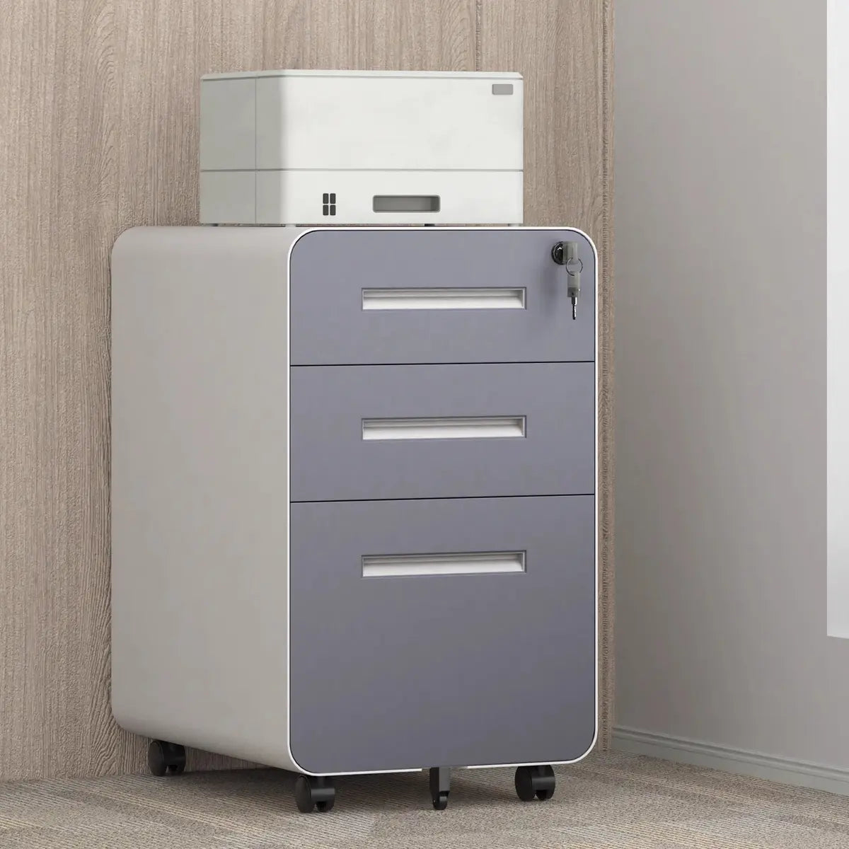 White Small Steel Mobile Short Lockable Filing Cabinet Image - 2