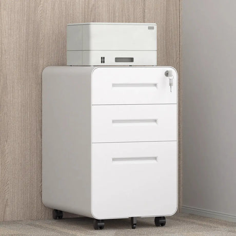 White Small Steel Mobile Short Lockable Filing Cabinet Image - 8