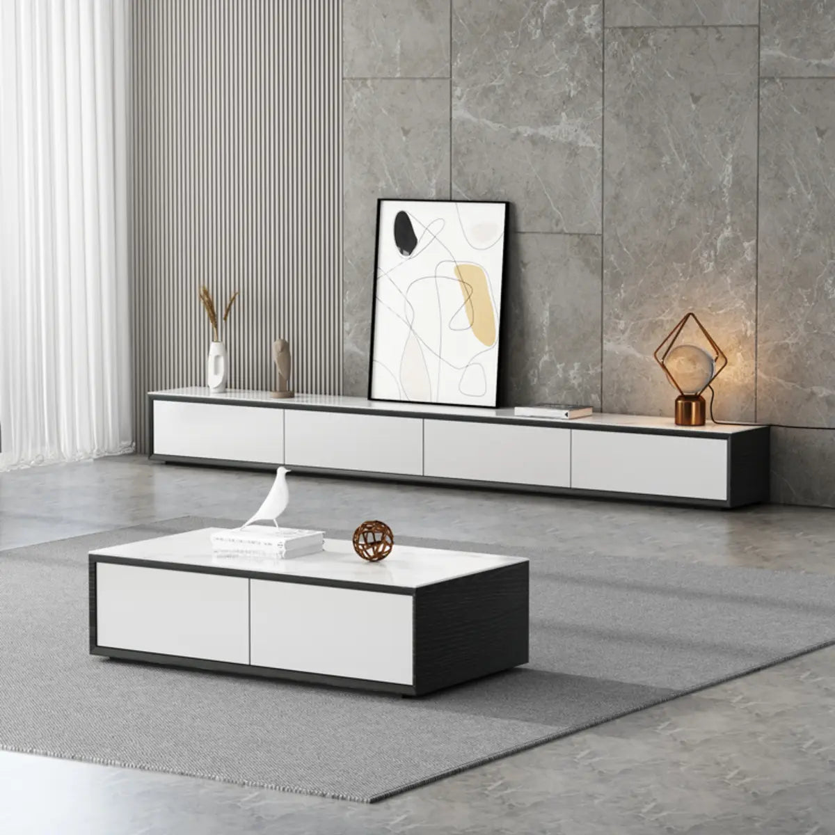 White Solid Wood Slate Long TV Stand with Drawers Image - 1