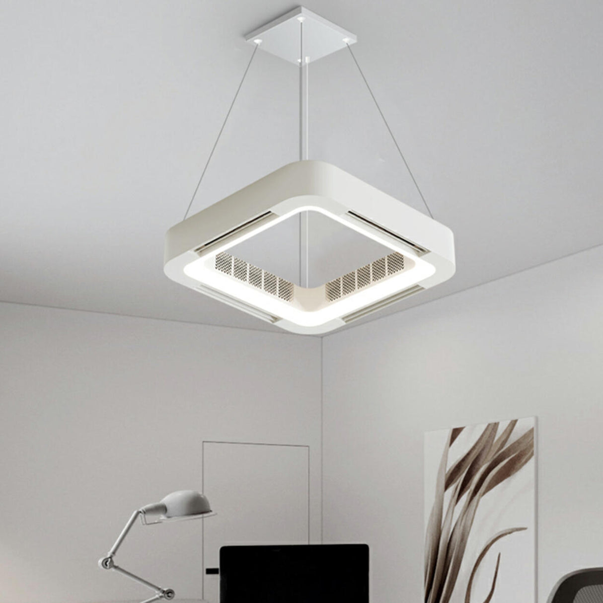 White Square Modern Bladeless Ceiling Fan with Light Image - 14