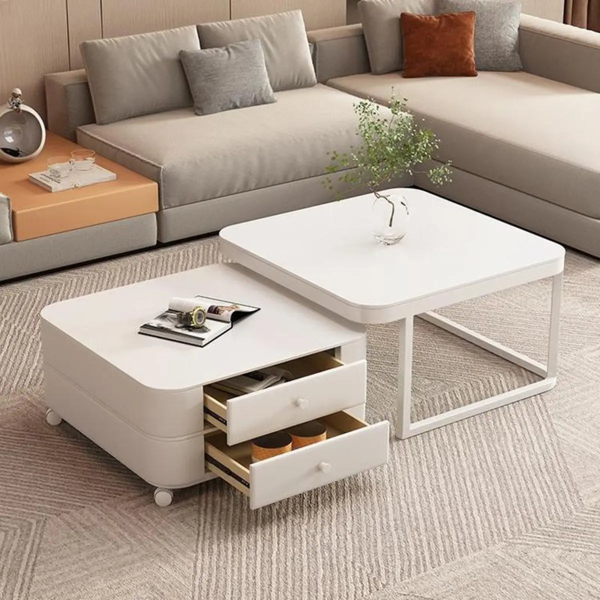 White Square Stone Top Storage Frame Coffee Table Image - 2