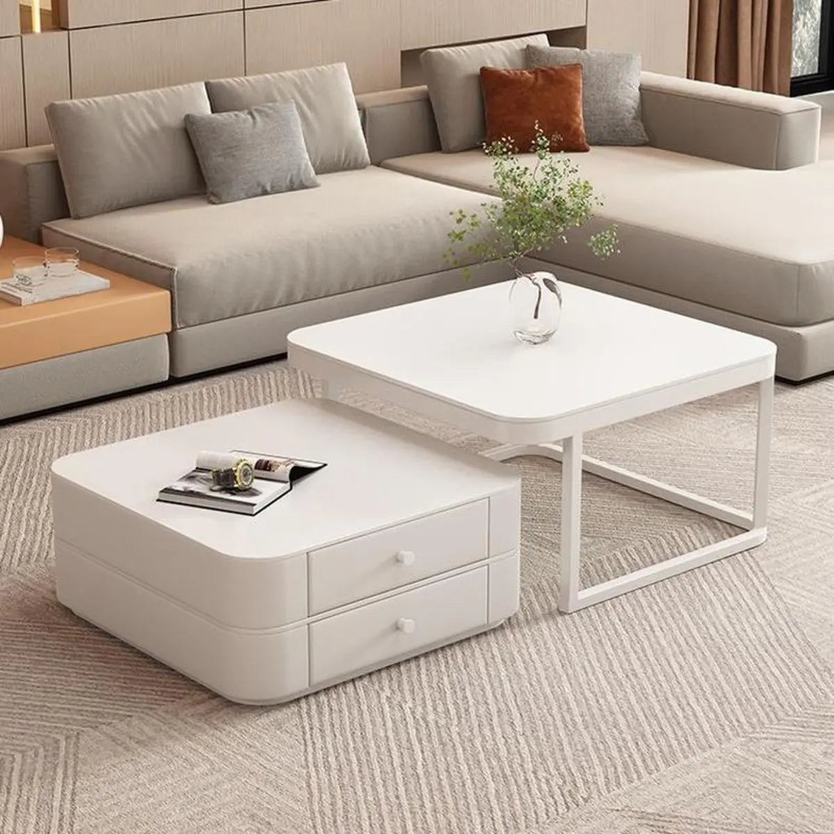 White Square Stone Top Storage Frame Coffee Table Image - 3