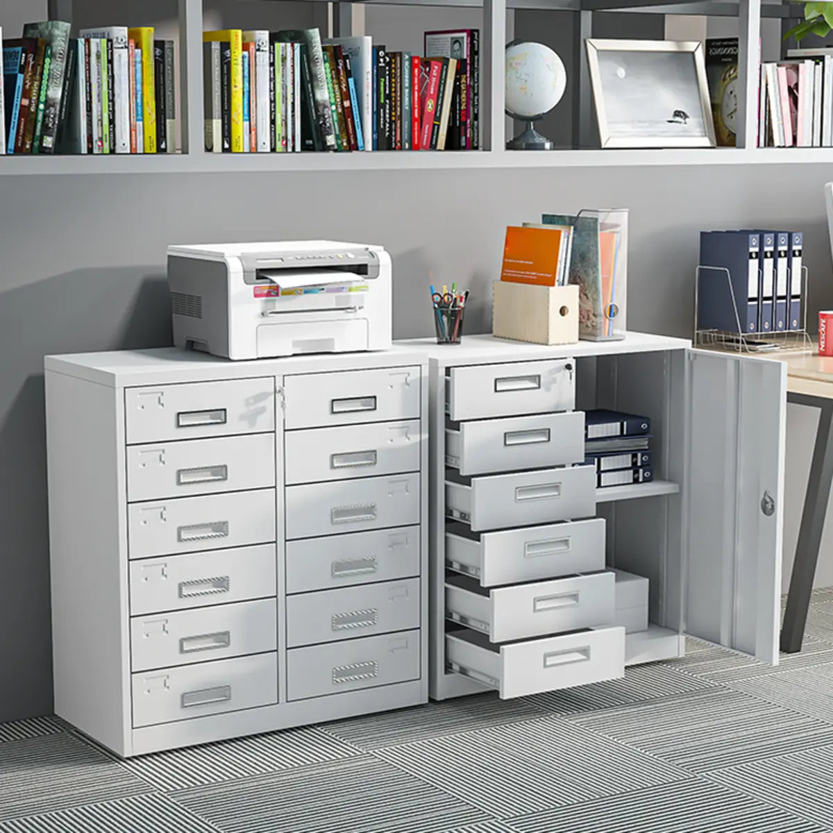 White Steel Lockable Office Storage Cabinet with Drawers Image - 1