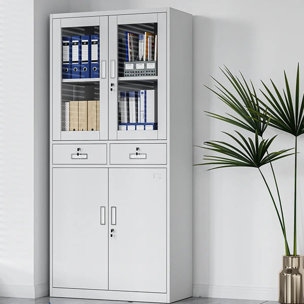 White Steel Lockable Office Storage Cabinet with Drawers Image - 10