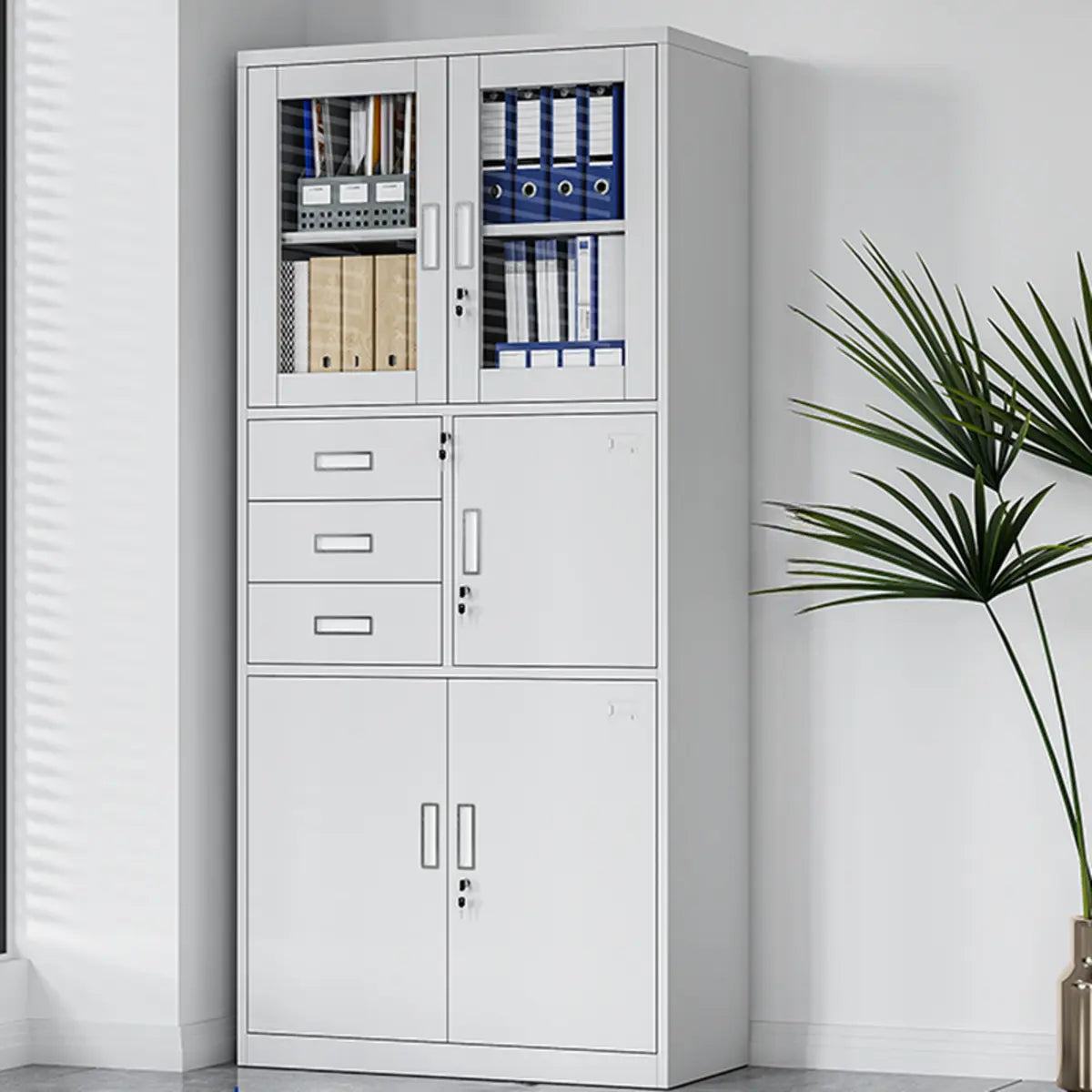 White Steel Lockable Office Storage Cabinet with Drawers Image - 12