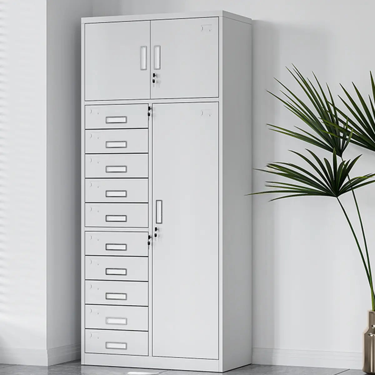 White Steel Lockable Office Storage Cabinet with Drawers Image - 15