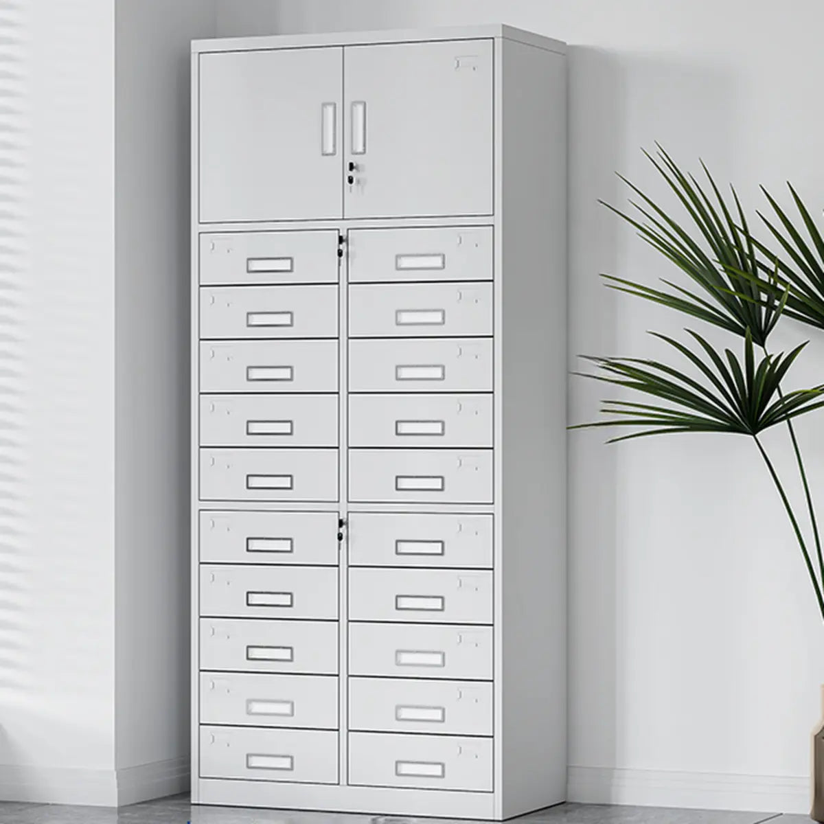 White Steel Lockable Office Storage Cabinet with Drawers Image - 16