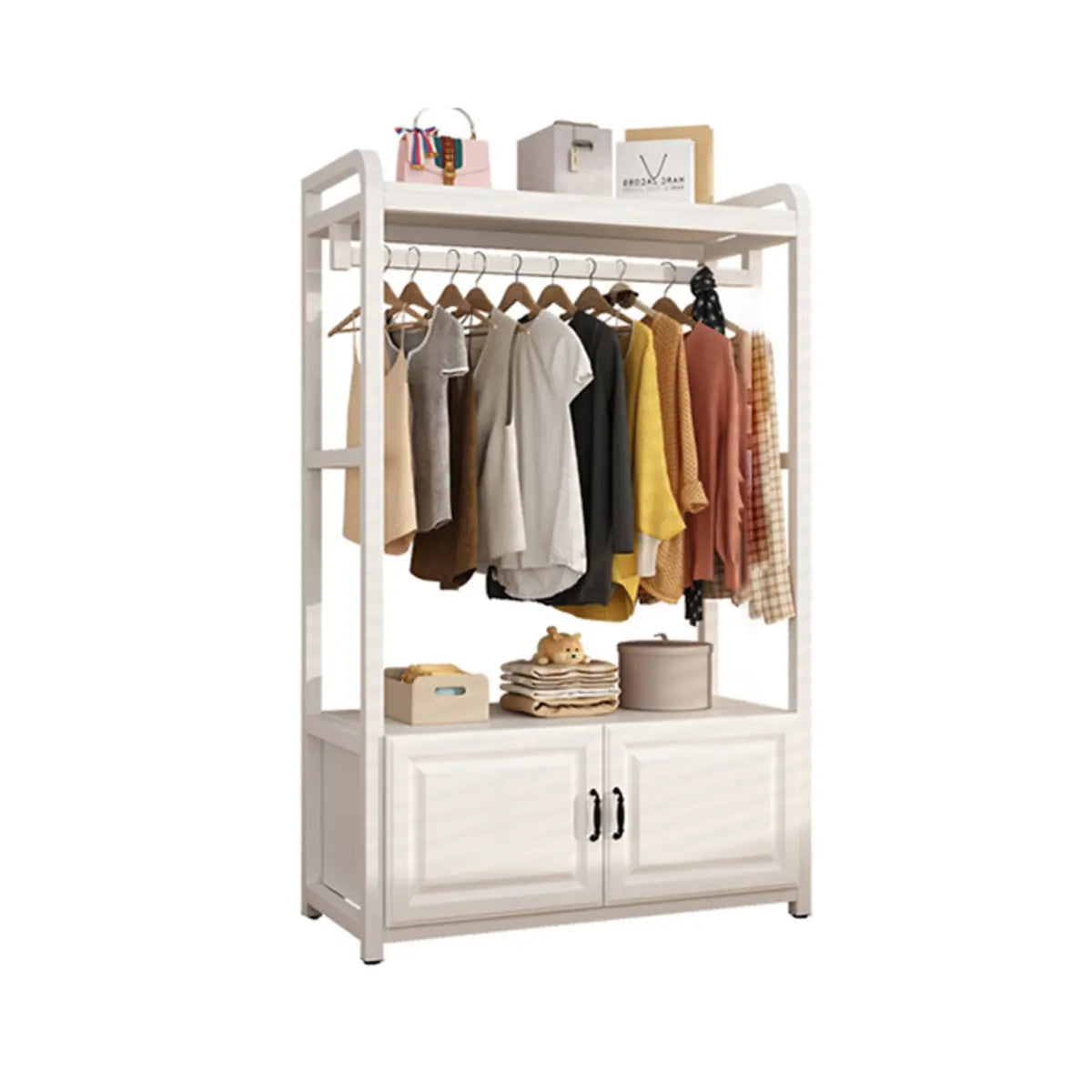 White Steel Shelves Stand Coat Rack with Storage Cabinet Image - 9