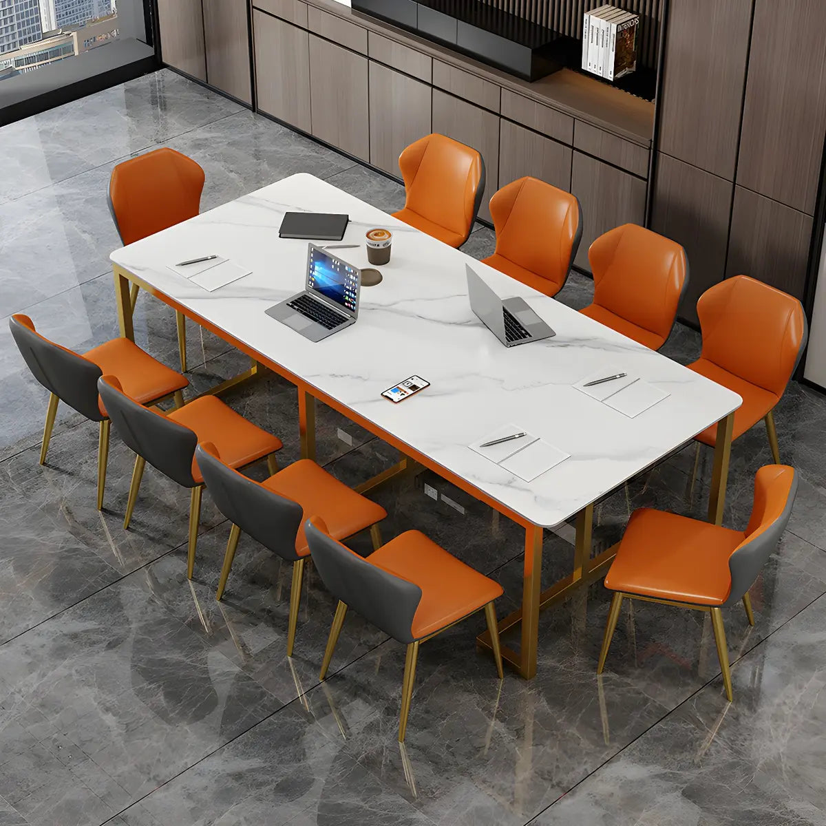 White Stone Gold Metal Base Conference Desk 10-Person Image - 1