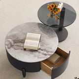 White Stone Nesting Round Coffee Table with Storage Image - 17