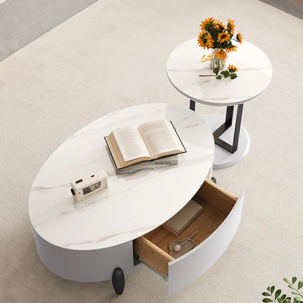 White Stone Nesting Round Coffee Table with Storage Image - 8