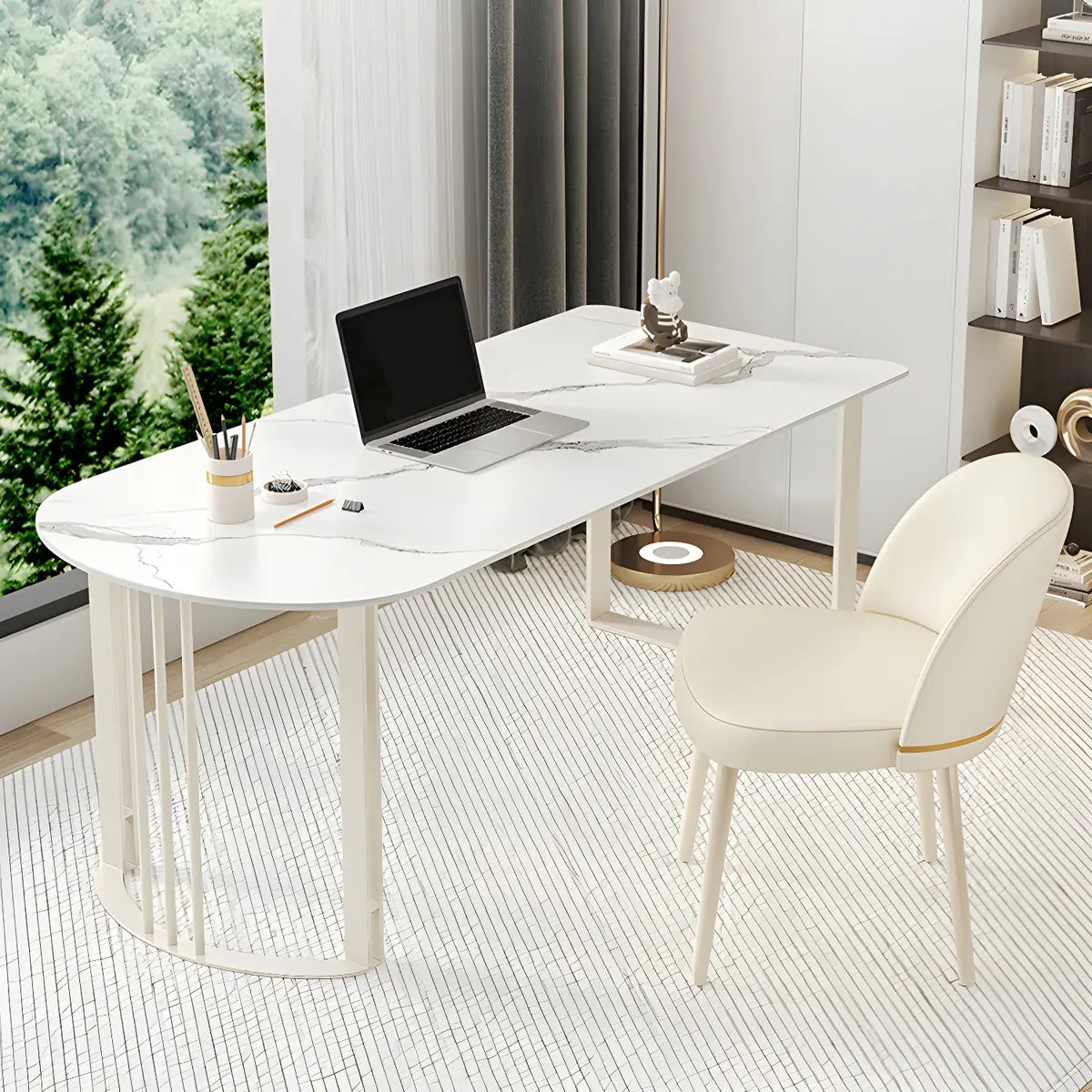 White Stone Peninsula-Shaped Metal Base Writing Desk Image - 1