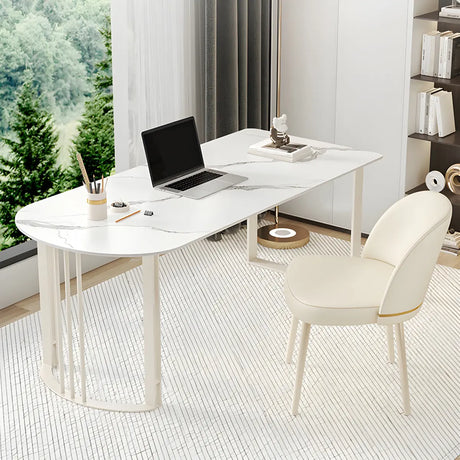 White Stone Peninsula-Shaped Metal Base Writing Desk Image - 1