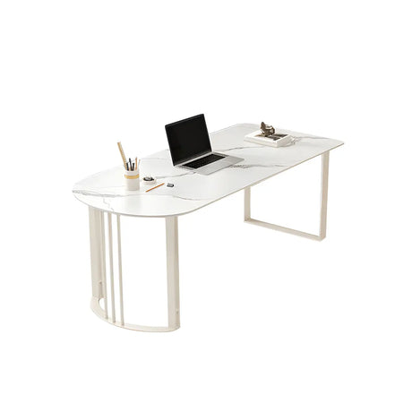 White Stone Peninsula-Shaped Metal Base Writing Desk Image - 2