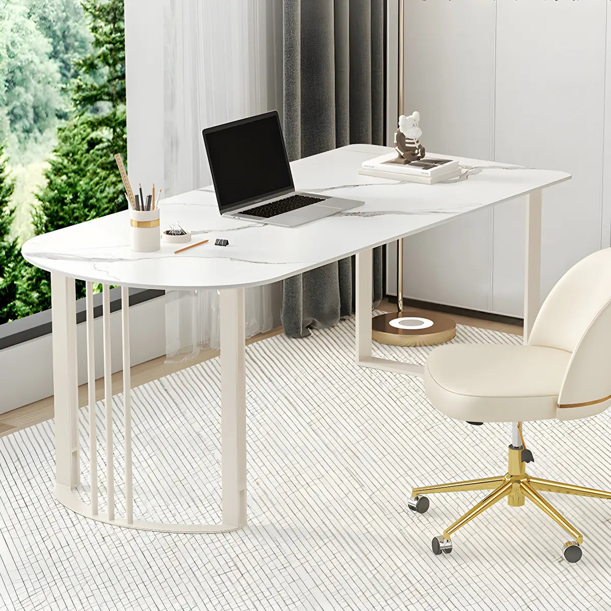 White Stone Peninsula-Shaped Metal Base Writing Desk Image - 3