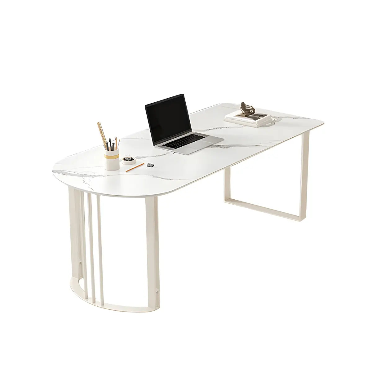 White Stone Peninsula-Shaped Metal Base Writing Desk Image - 6