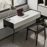 White Stone Rectangle Black Steel Base Writing Desk Image - 1