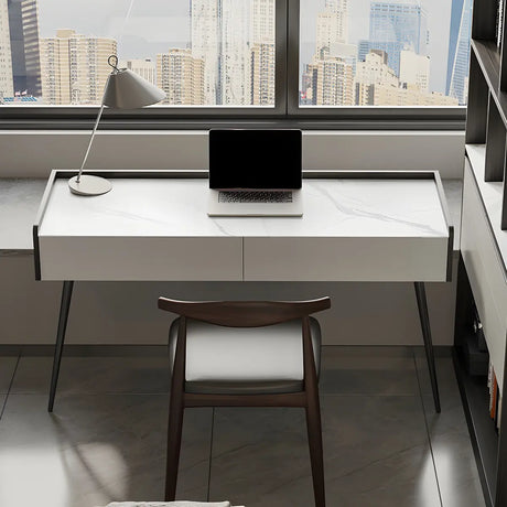 White Stone Rectangle Black Steel Base Writing Desk Image - 2